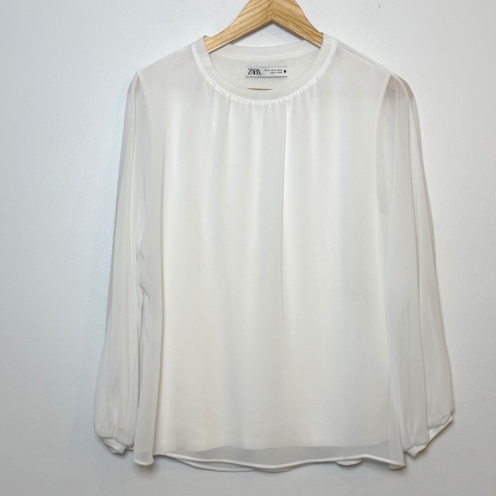 Zara Womens White Layered Chiffon Long Sleeve Blouse Round Neck XL 9479/251